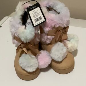 Bebe Tan Boots with Multicolor Fur Trim